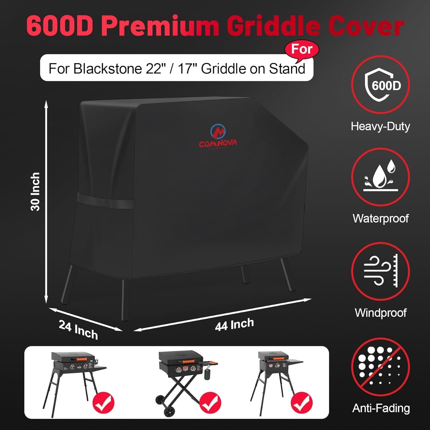 Griddle Cover for Blackstone 22 Inch 17 Inch Griddle with Hood and Stand - 600D Flat Top Grill Cover for Blackstone 22 17 Griddle on Stand and 22 Adventure Ready. Heavy Duty & Waterproof - Image 2