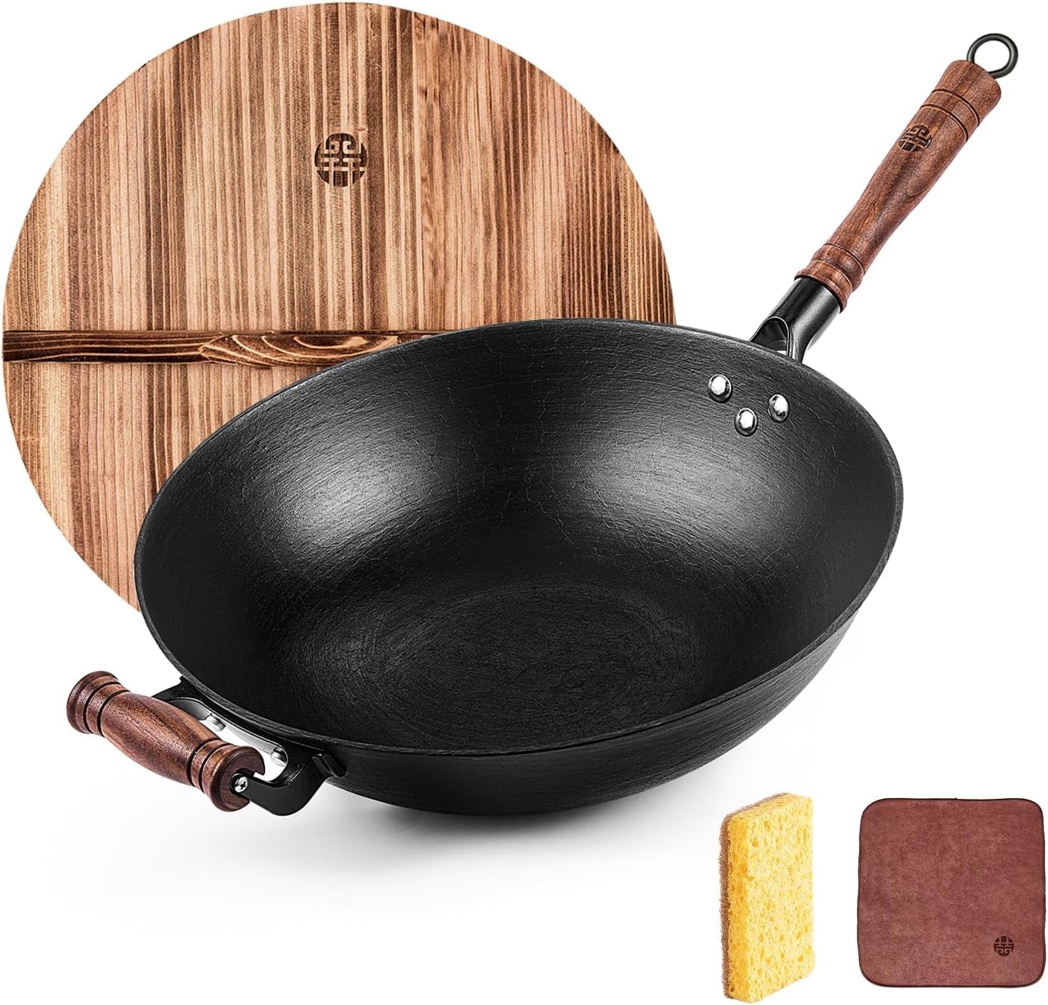 WANGYUANJI Cast Iron Wok Pan 14.2 Large Wok Stir Fry Pan Flat Bottom Wok with Lid and Wood Handle. Suitable for All Cooktops. Uncoated Craft Pot Healthy Cooking Pot - Image 8
