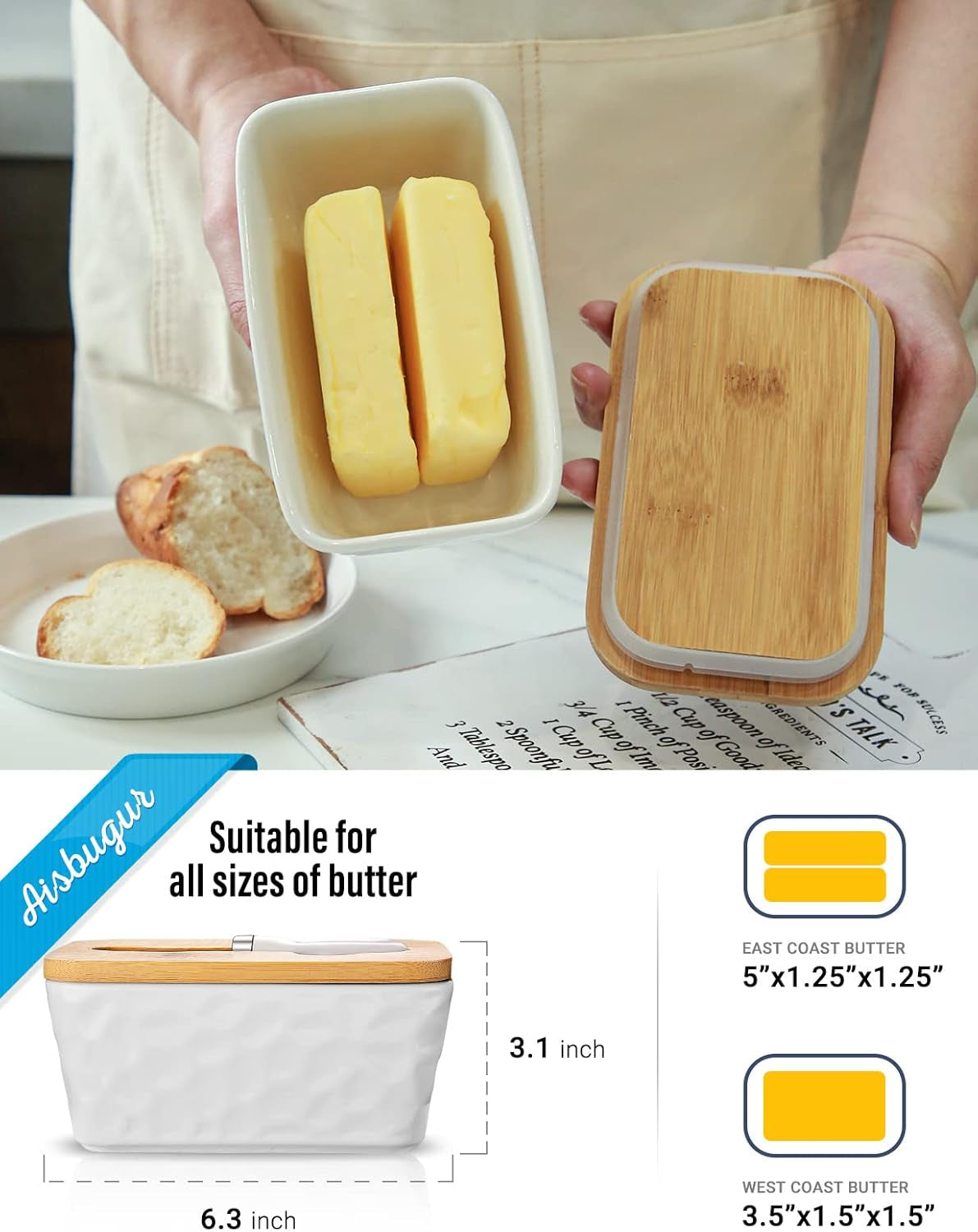 Large Ceramic Butter Dish with Lid & Knife – Double Silicone Seal. White Stoneware for Countertop & Farmhouse Decor - Image 2