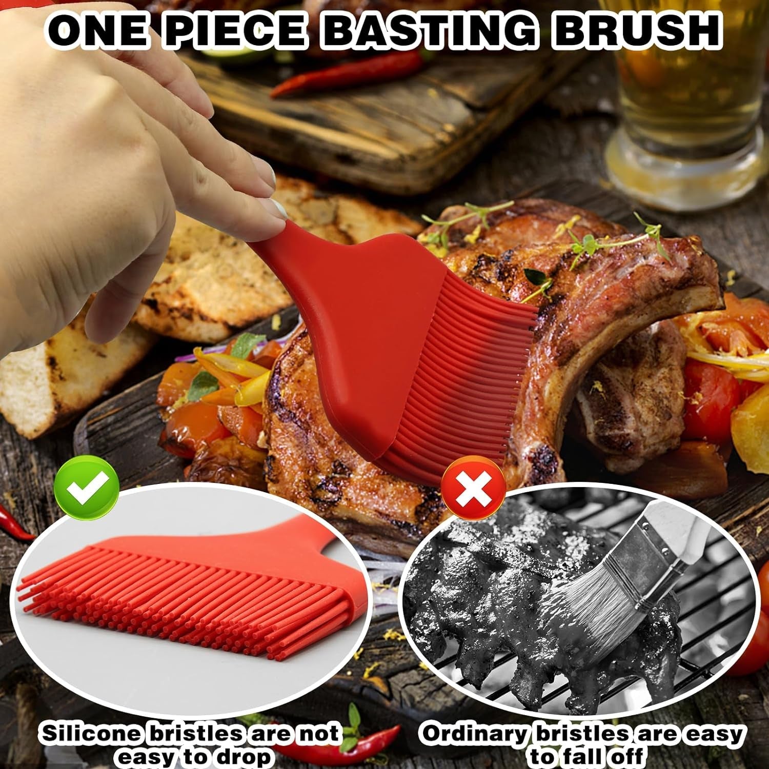 Silicone Basting Brush. Large BBQ Pastry Brush for Cooking. Extra Wide Basting Brush for Grilling Cooking Baking. Kitchen Brush Heat Resistant BBQ Food Brush for Sauce Butter Oil Marinades(Red) - Image 3