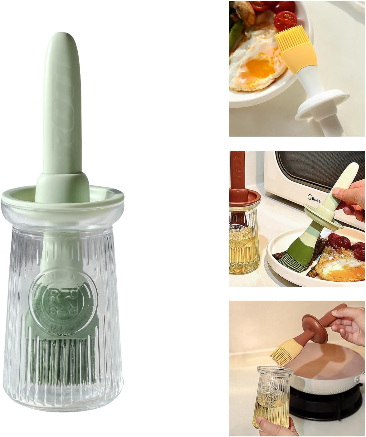 Glass Oil Dispenser Bottle with Silicone Basting Brush – 3‑in‑1 for Olive Oil. Vinegar. Sauce. BBQ & Cooking (Green)