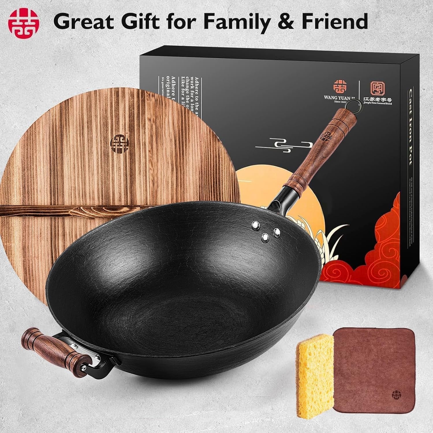 WANGYUANJI Cast Iron Wok Pan 14.2 Large Wok Stir Fry Pan Flat Bottom Wok with Lid and Wood Handle. Suitable for All Cooktops. Uncoated Craft Pot Healthy Cooking Pot - Image 7