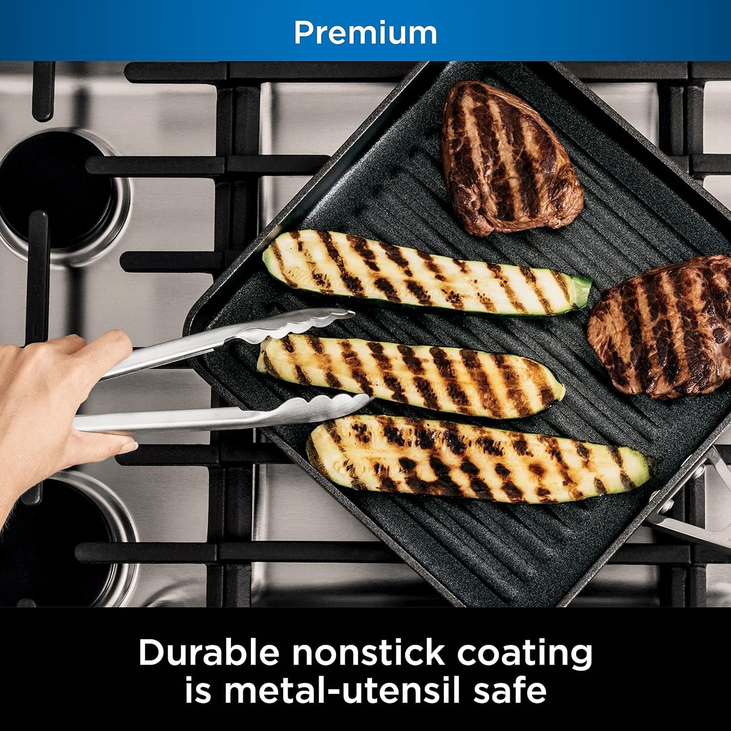 C30528 Foodi Neverstick Premium 11-Inch Square Grill Pan. Hard-Anodized. Nonstick. Durable & Oven Safe to 500°F. Slate Grey - Image 3