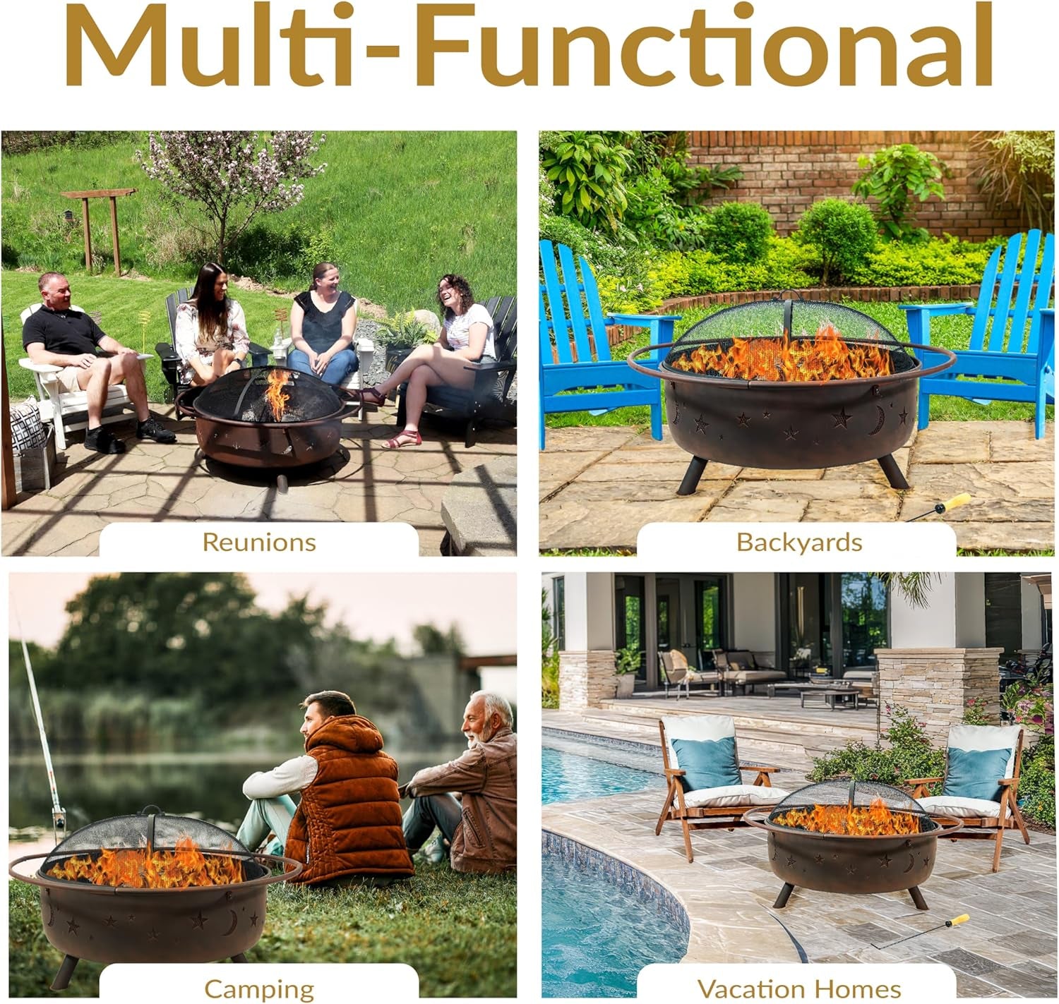 Sunnydaze Cosmic 42-Inch Large Outdoor Fire Pit - Wood-Burning Fire Pit with round Spark Screen. Poker. and Built-In Grate - Image 5