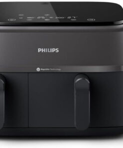 Philips Dual Basket Air Fryer 3000 Series. 8-In-1 Functions. 9.5 Quarts. 2 Drawers. Auto-Sync Cooking Time. 90% Less Fat. Rapid Air Technology. Homeid Recipe App. Dishwasher Safe. Black. (NA350/00)