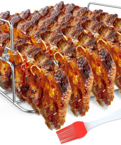 Durable Stainless Steel Rib Rack with a Silicone Oil Brush. BBQ Stand with 2 Handle for Smoker.Oven and Grill. Cook up to 5 Ribs at a Time