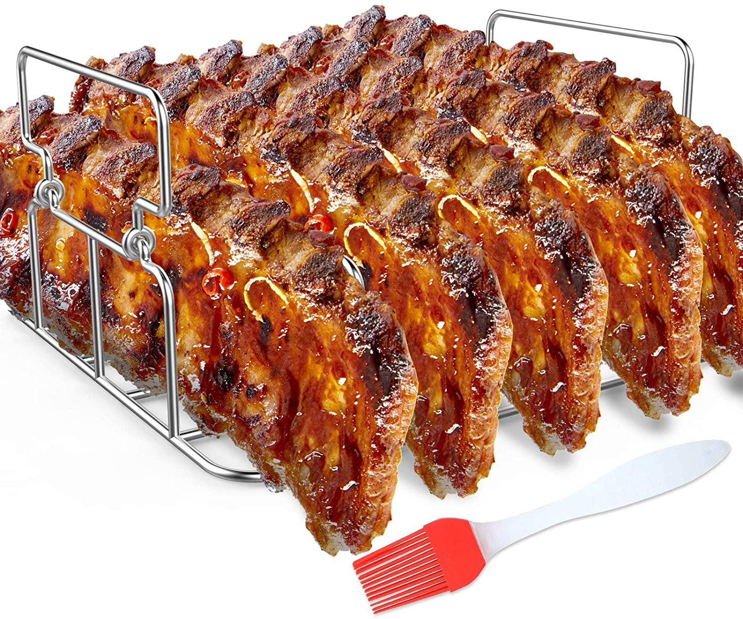 Durable Stainless Steel Rib Rack with a Silicone Oil Brush. BBQ Stand with 2 Handle for Smoker.Oven and Grill. Cook up to 5 Ribs at a Time