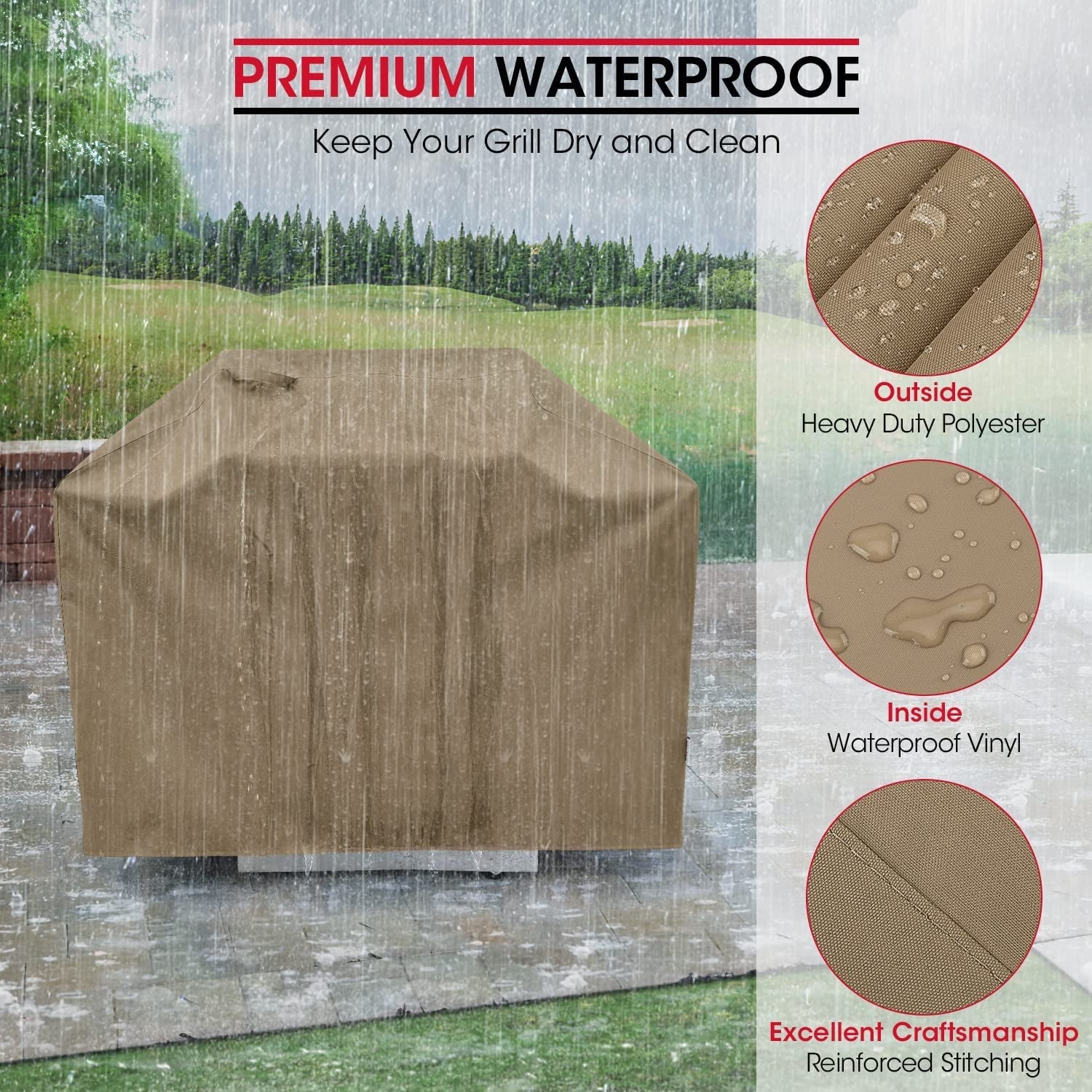 Unicook Grill Cover 60 Inch. Heavy Duty Waterproof Gas BBQ Cover with Sealed Seam. Rip and Fade Resistant BBQ Grill Cover. Compatible with Weber Charbroil and More Grills up to 58 Inch. Neutral Taupe - Image 5