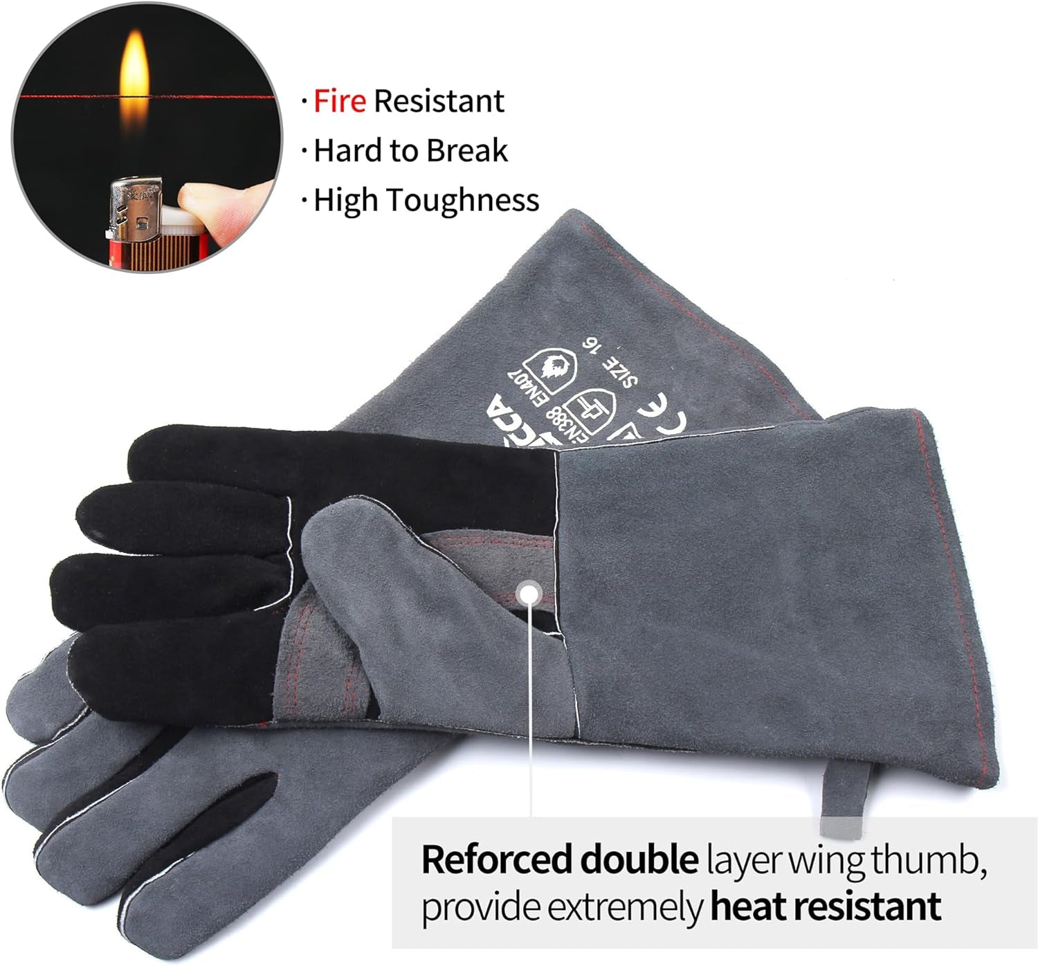 Welding Gloves 16 Inches.662℉.Heat Resistant Leather Forge/Mig/Stick Welding Gloves Heat/Fire Resistant. Mitts for Oven/Grill/Fireplace/Furnace/Stove/Pot Holder/Bbq/Animal Handling-Grey - Image 3