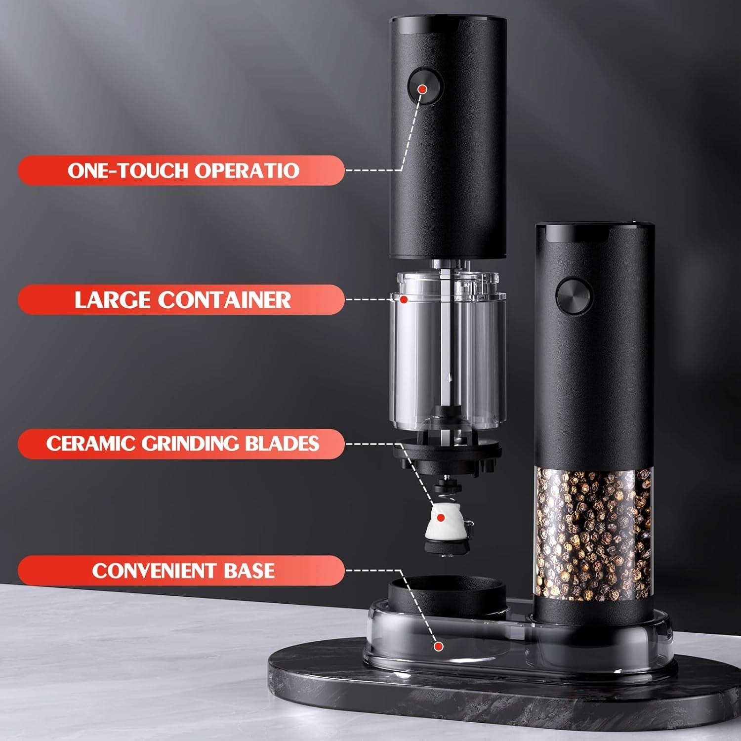 Electric Salt & Pepper Grinder Set (2‑Pack. Black) – Automatic Mills with LED. Adjustable Coarseness & Large Capacity - Image 7