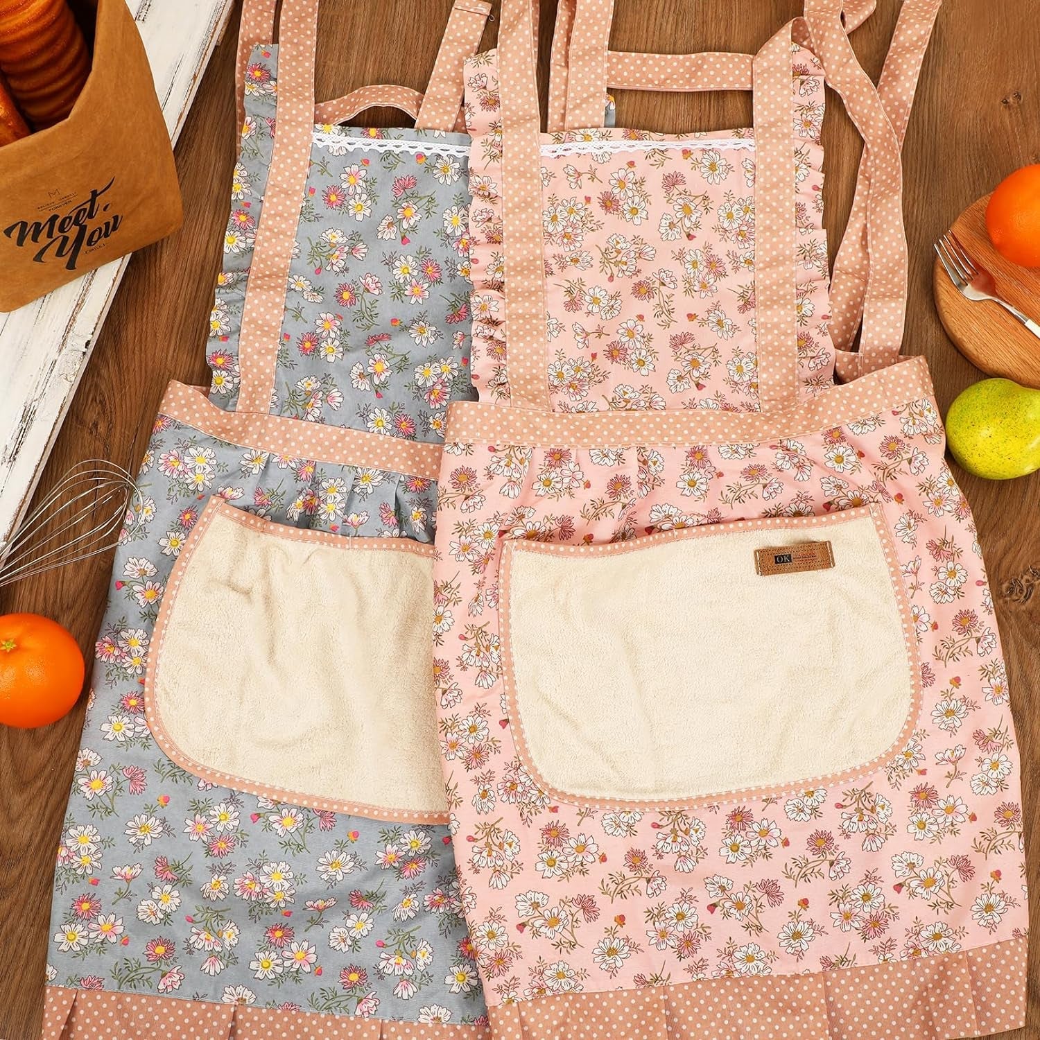 2Pcs Women Aprons with Pockets. Girls Floral Apron with Big Pocket Baking Soft Chef Aprons for Kitchen Cooking Baking - Image 6