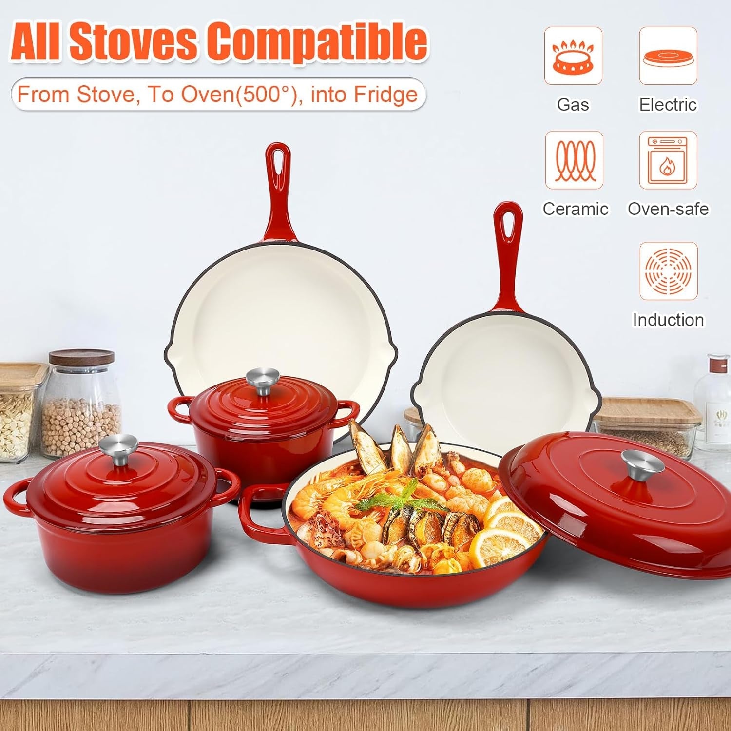 Nonstick Enameled Cast Iron Cookware Set. 8-Pcs Pots and Pans with Lid. Skillet. Frying Pan. Saucepan & Dutch Oven for All Stovetops. PFA Free - Ideal for Sourdough Bread Baking - Comes with Organizer - Image 6