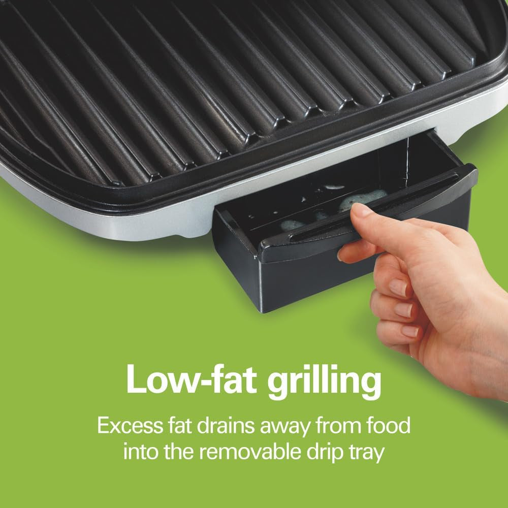 Hamilton Beach Electric Indoor Grill. 6-Serving. Large 90 Sq. In. Nonstick Easy Clean Plates. Floating Hinge for Thicker Foods. 1200 Watts. 6.38D X 12.68W X 13.78H . Silver (25371) - Image 3