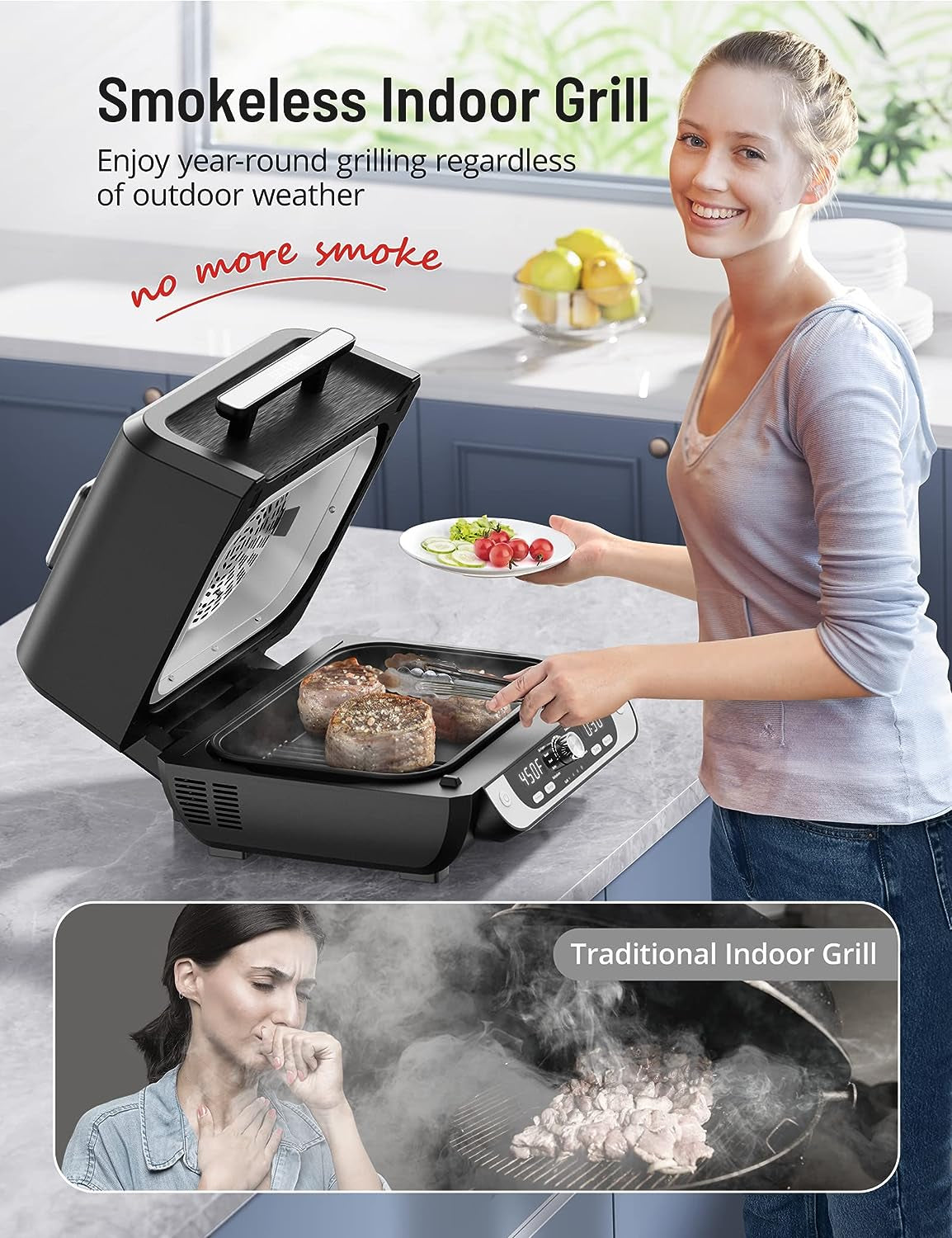 Smokeless Indoor Grill with Air Fryer. Electric Air Fryer Grill Combo. 12-In-1 for Grill. Griddle. Slow Cook. Broil. Bake. Crisp. Roast. Dehydrate. Dual Heating Elements. Easy Knob Control - Image 2