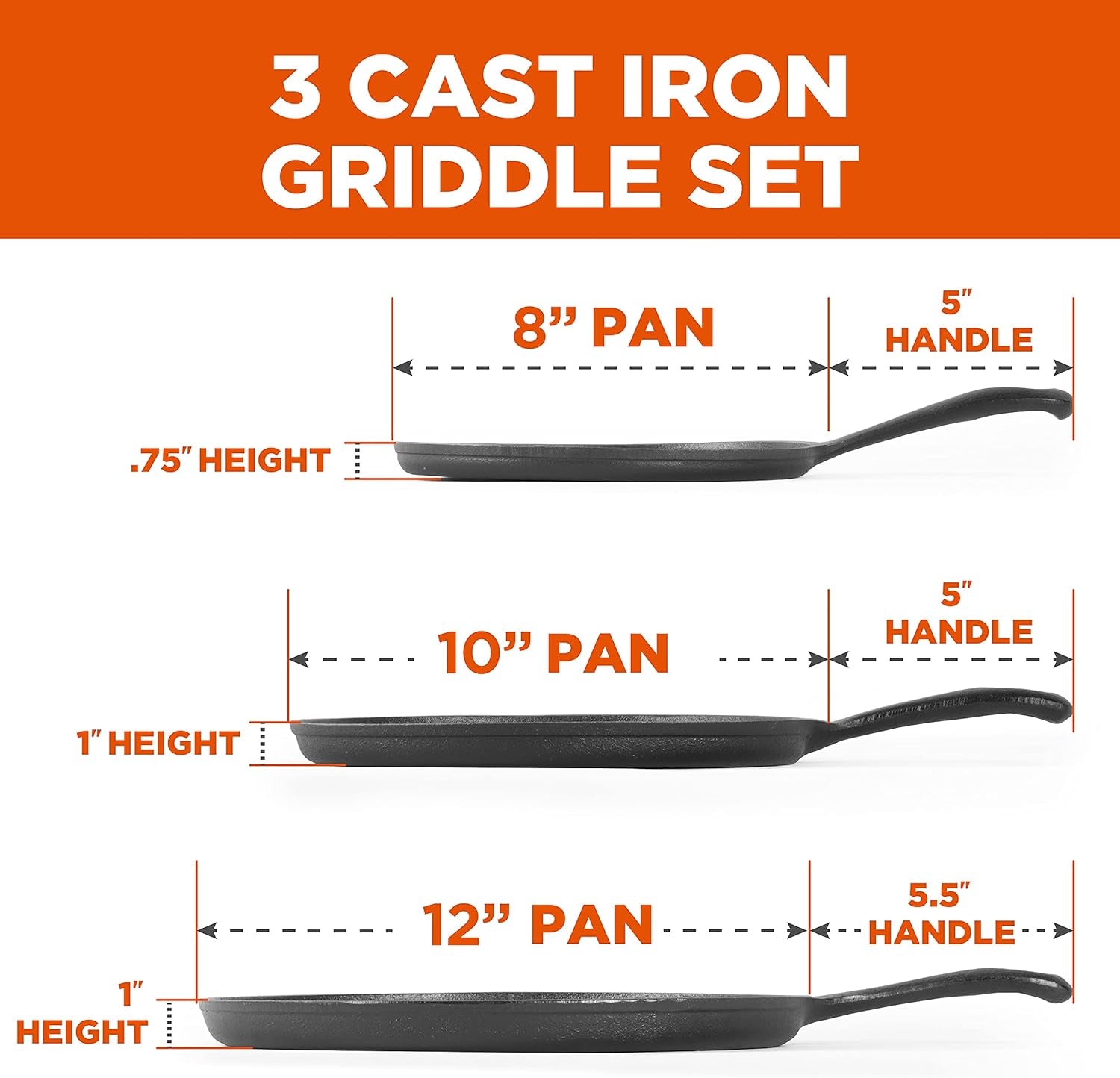 Commercial Chef round Cast Iron Griddle Pan 3-Piece Set – 8-Inch. 10-Inch. and 12-Inch - Pre-Seasoned Griddle Cast Iron Cookware - Image 2