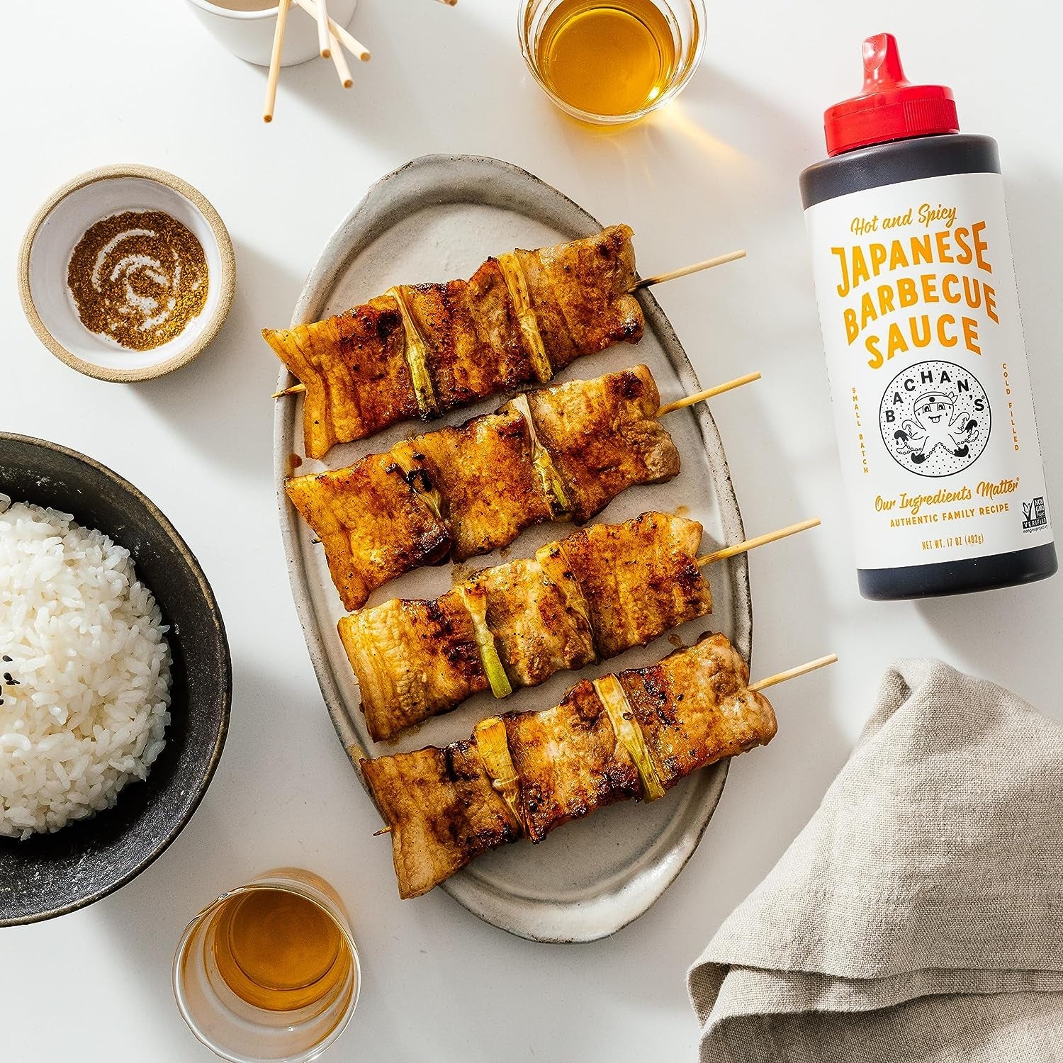 Bachan'S Variety Pack Japanese Barbecue Sauce. (1) Original. (1) Hot and Spicy. (1) Yuzu. (1) Miso. BBQ Sauce for Wings. Chicken. Beef. Pork. Seafood. Noodles. and More. Non GMO. No Preservatives. Vegan. BPA Free. - Image 4