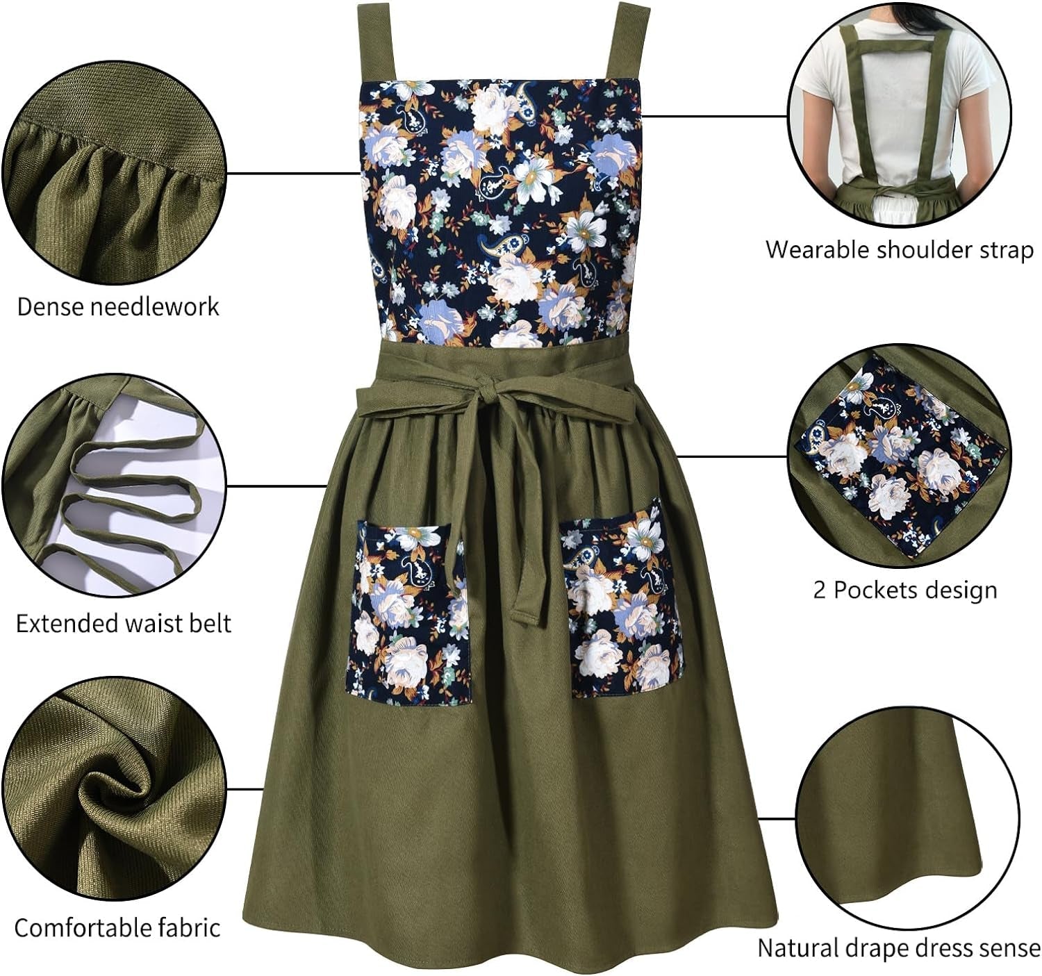 Vintage Pinafore Apron Dress for Women with Pockets Cute Floral Chef Aprons for Kitchen Cooking Baking Gardening - Image 5