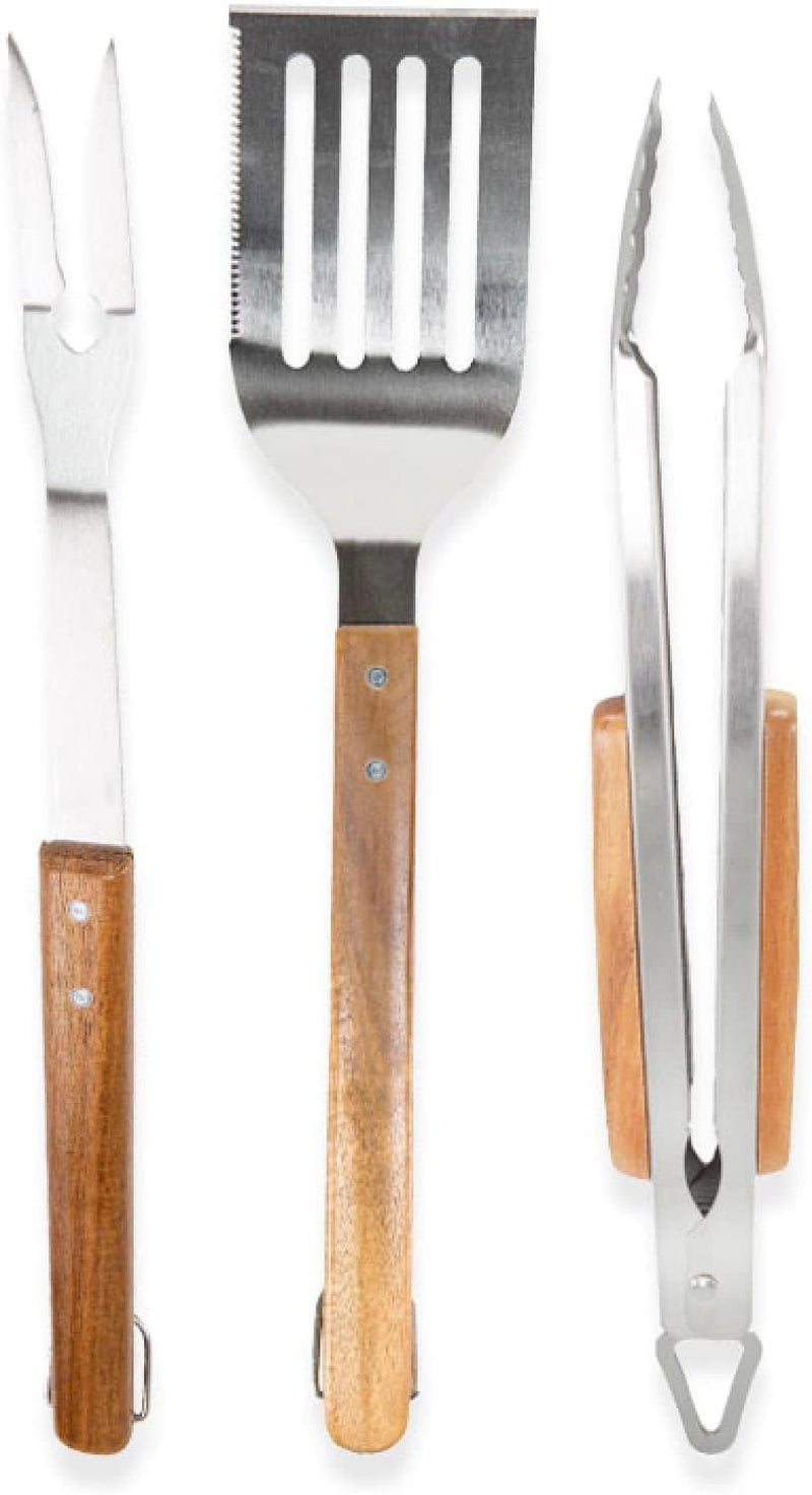 BBQ-AID 3 Piece Grill Set BBQ Accessories - Kitchen Tongs. Metal Spatula & Fork Utensils - Heavy Duty Stainless Steel Barbecue Grill Utensils for Outdoor Grill with Solid Sturdy Wood Handles