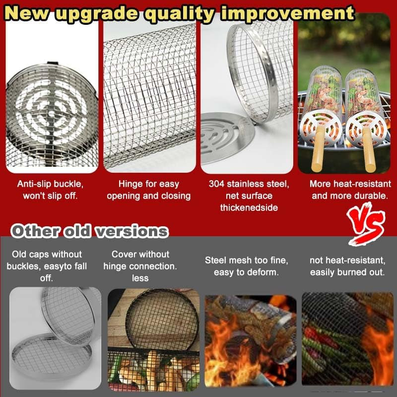 Nesting Rolling Grill Baskets 2PCS.304 Stainless Steel BBQ Tools with Removable Wooden Handle for Vegetables.Shrimp.Camping.Backyard.Outdoor Grilling Accessories.Grilling Gifts for Men - Image 4