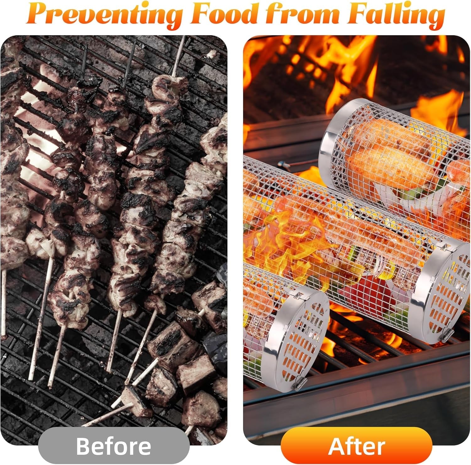 Rolling Grill Baskets. 2Pack Outdoor Veggies Grill BBQ Net Tube Tools Set. Stainless Steel round Mesh Rotation Barbecue Cylinder Cage Camping Cooking Accessories for Shrimp. Meat - Image 5