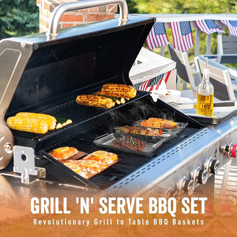 ™ BBQ 'N SERVE Grill Basket Set - Includes 3 Grilling Baskets a Serving Tray & Clip-On Handle - Patented Grill-To-Table Design Perfect for Grilling Fish Veggies & Meats - Image 3