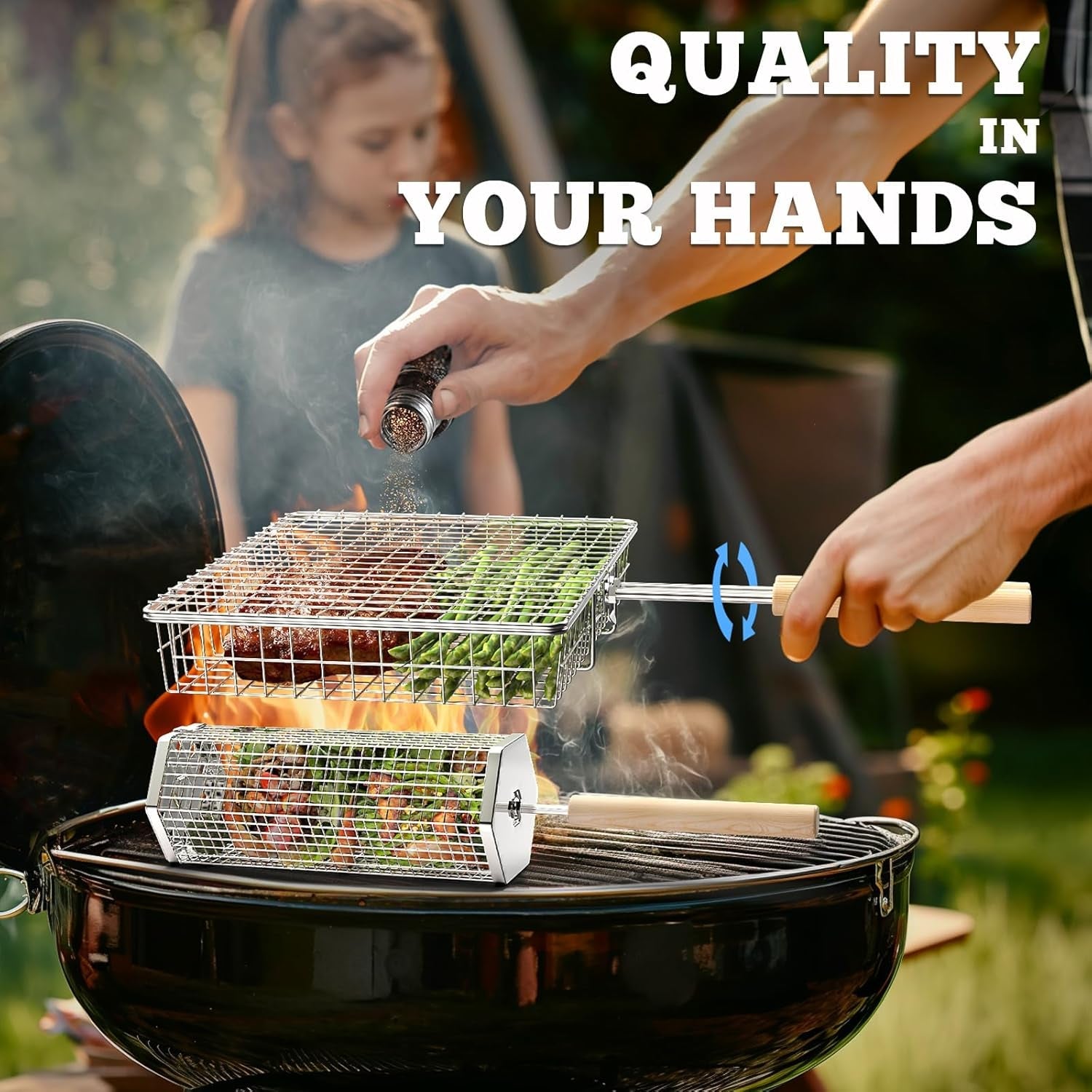 Grill Basket Set(Rectangular+Hexagon). Removable Wooden Handle. 304 Stainless Steel. Rolling Grilling Net. BBQ Accessories Tools for Vegetables Shrimp. Outdoor Cooking Camping. Birthday Gifts for Men Dad Husband - Image 3