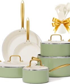 Pots and Pans Set Non Stick - VONIKI Ceramic Cookware Set with Cooking Utensils Set. Non Toxic Kitchen Cookware Sets Dutch Oven Pot with Lid Saucepan Set Sauté Pan Frying Pan Set for Cooking Gifts