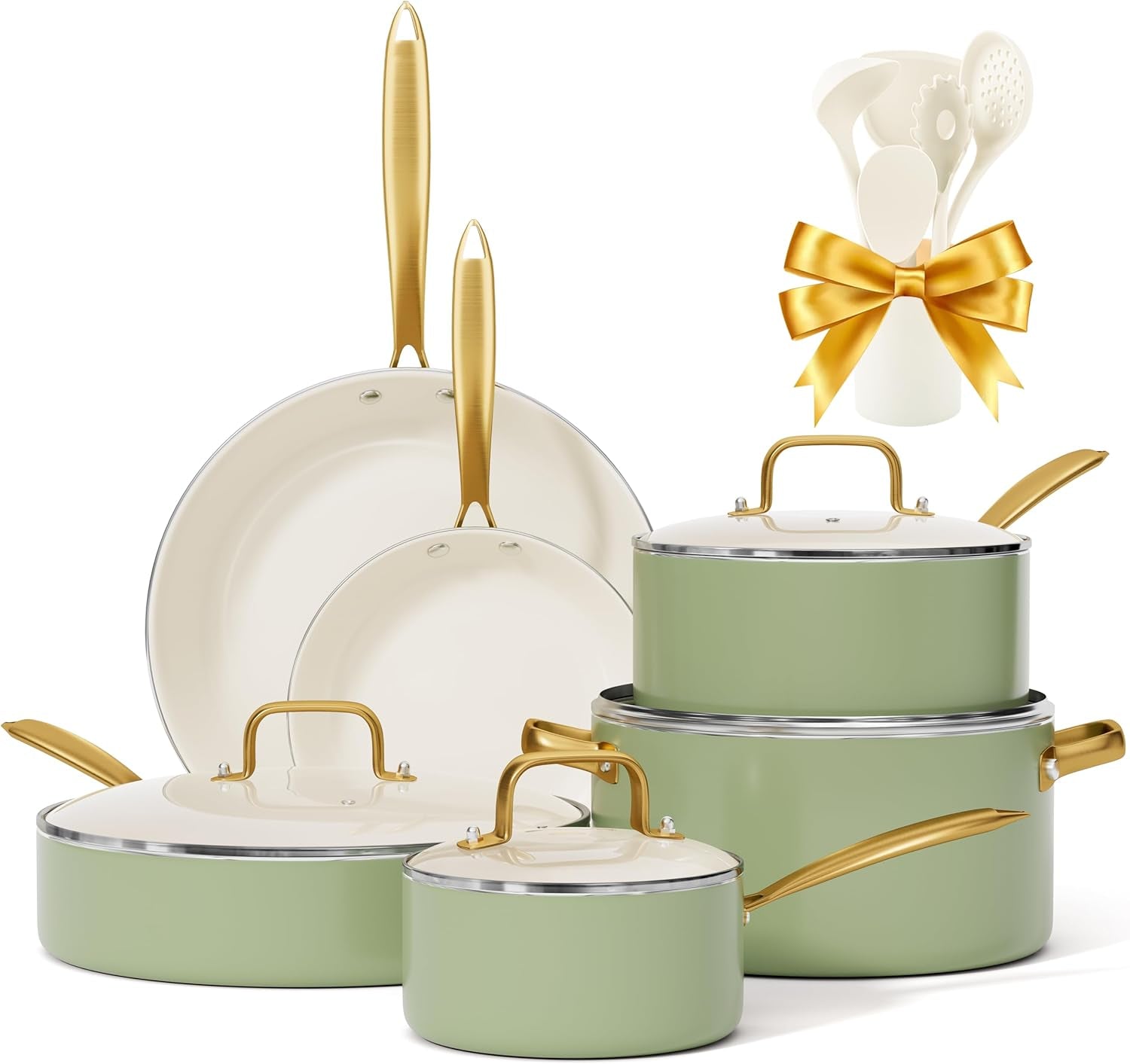 Pots and Pans Set Non Stick - VONIKI Ceramic Cookware Set with Cooking Utensils Set. Non Toxic Kitchen Cookware Sets Dutch Oven Pot with Lid Saucepan Set Sauté Pan Frying Pan Set for Cooking Gifts