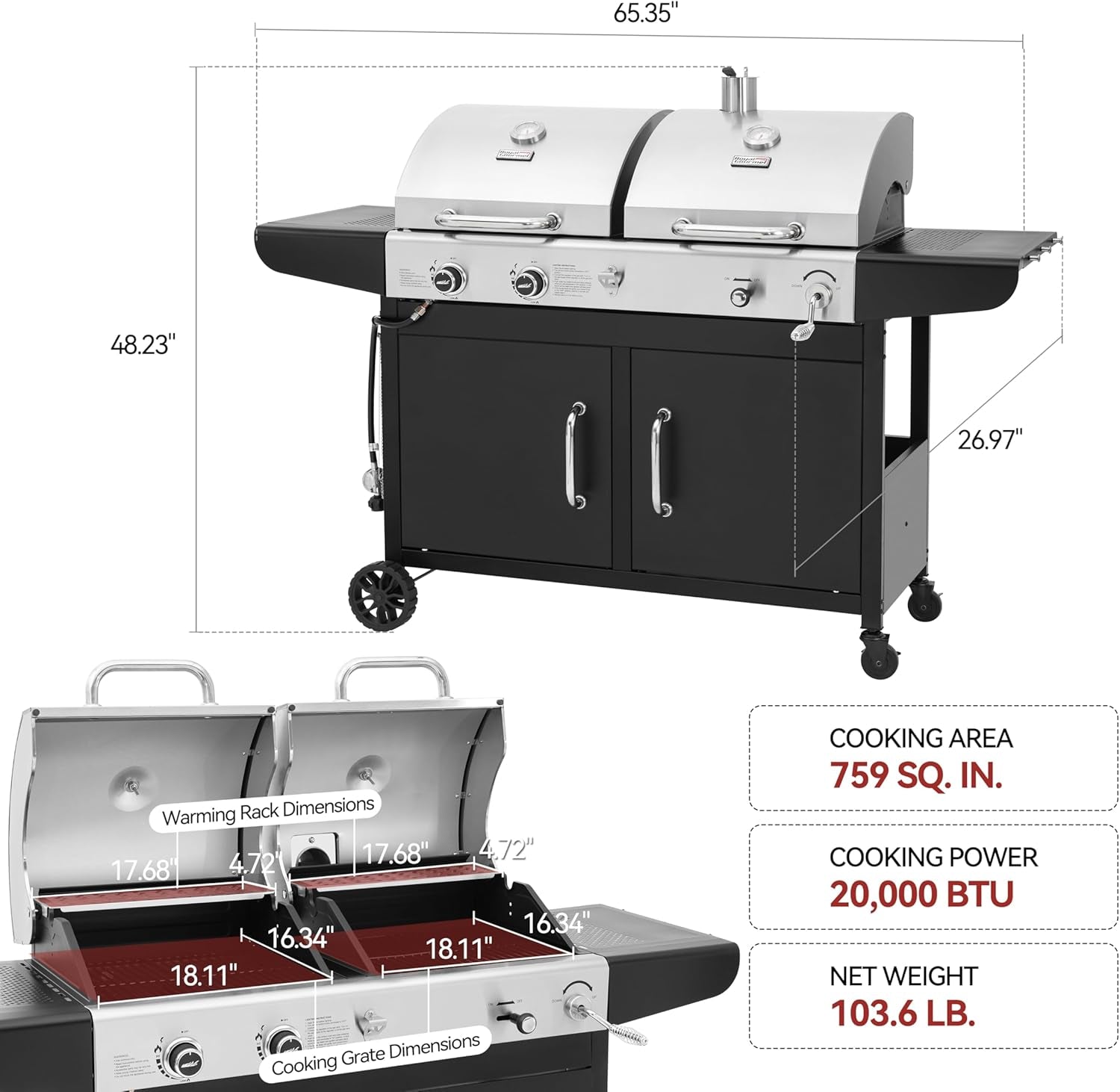 Royal Gourmet ZH3002N Propane Gas and Charcoal Grill Combo. Dual Fuel BBQ Grill with 2 Side Shelves for Outdoor Patio Garden Backyard Barbecue. 20.000 Btus. Silver & Black - Image 3