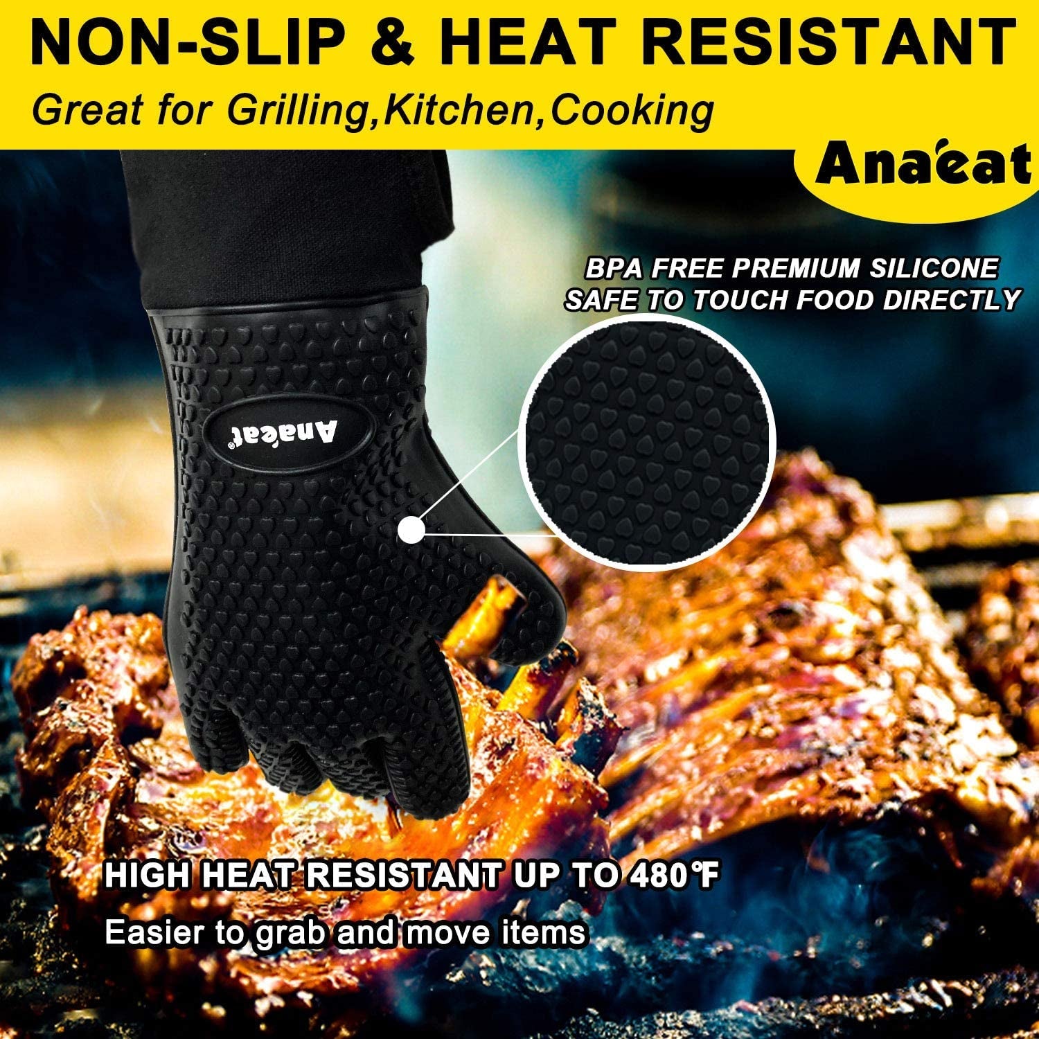 Anaeat BBQ Grilling Gloves Heat Resistant. Versatile Waterproof Cooking Gloves - 100% Cotton Lining Silicone Oven Mitts. Flexible Potholder for Barbecue. Baking - Thick Long Wrist Protection (Black) - Image 2