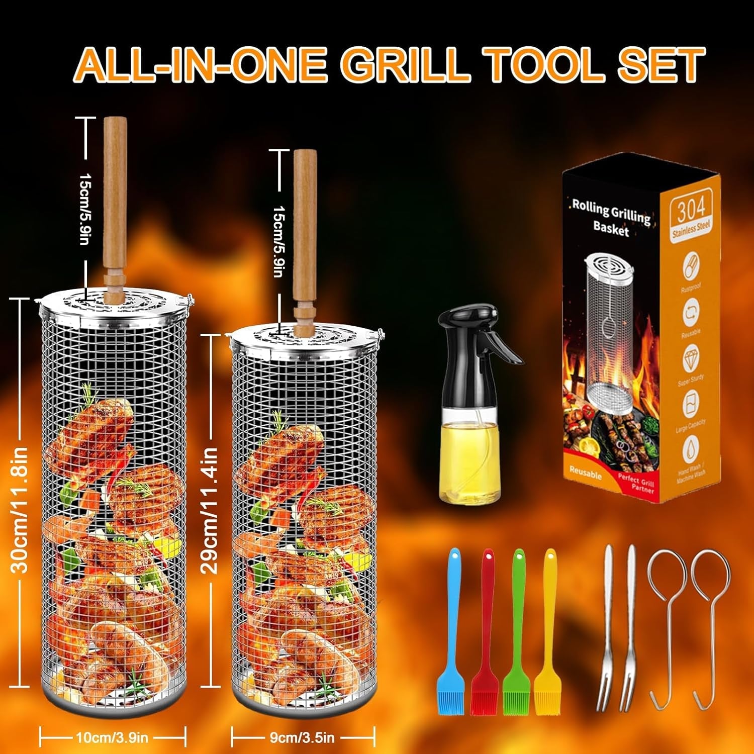 Rolling Grilling Baskets for Outdoor Grill 2 Pcs.Removable Wooden Handle.Perfect Gifts for Men Dad Husband.Portable Camping Nesting Grill Baskets for Fish. Shrimp. Meat. Vegetables - Image 2