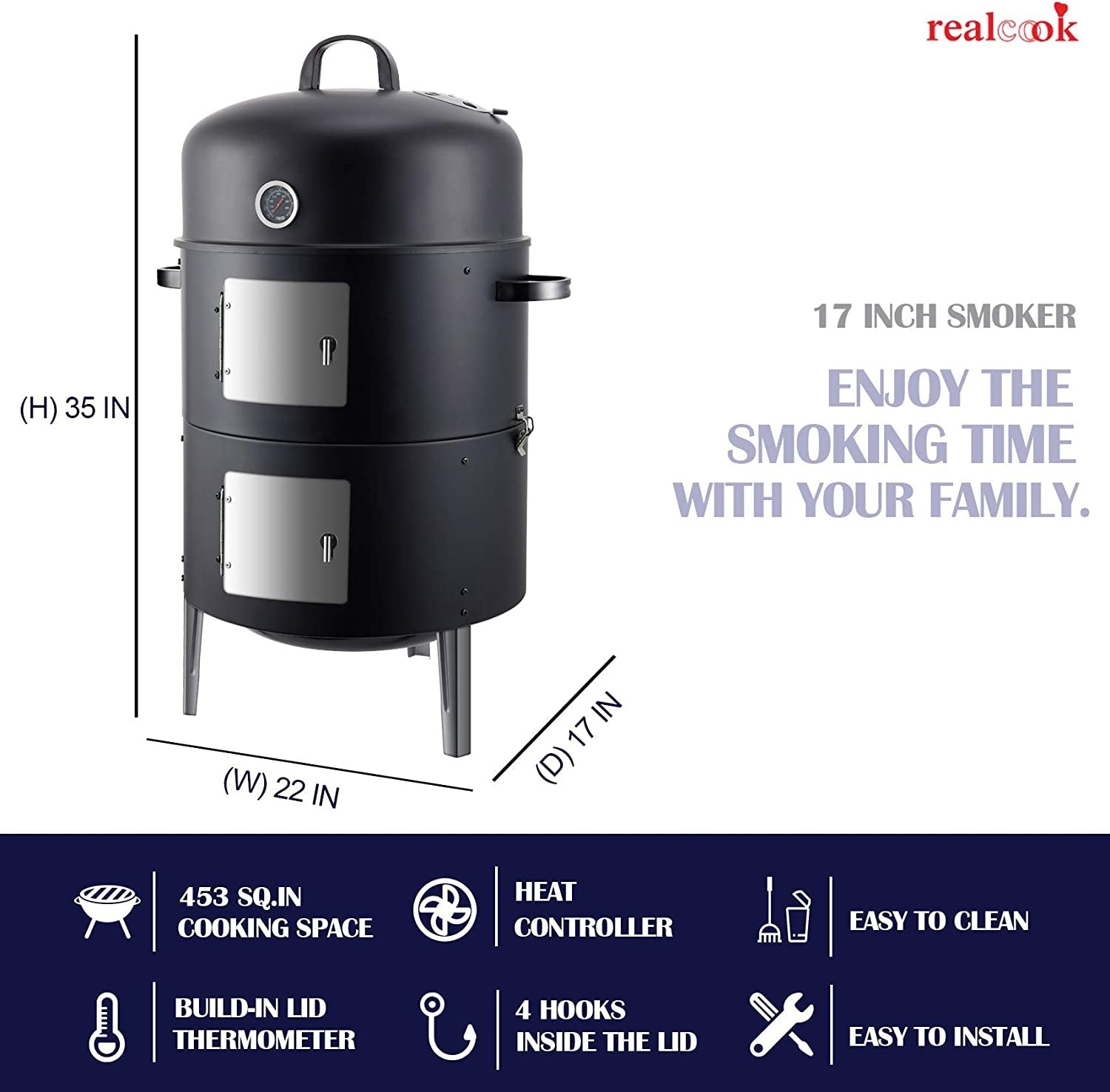 Realcook Vertical 17 Inch Steel Charcoal Smoker. Heavy Duty round BBQ Grill for Outdoor Cooking. Black - Image 6