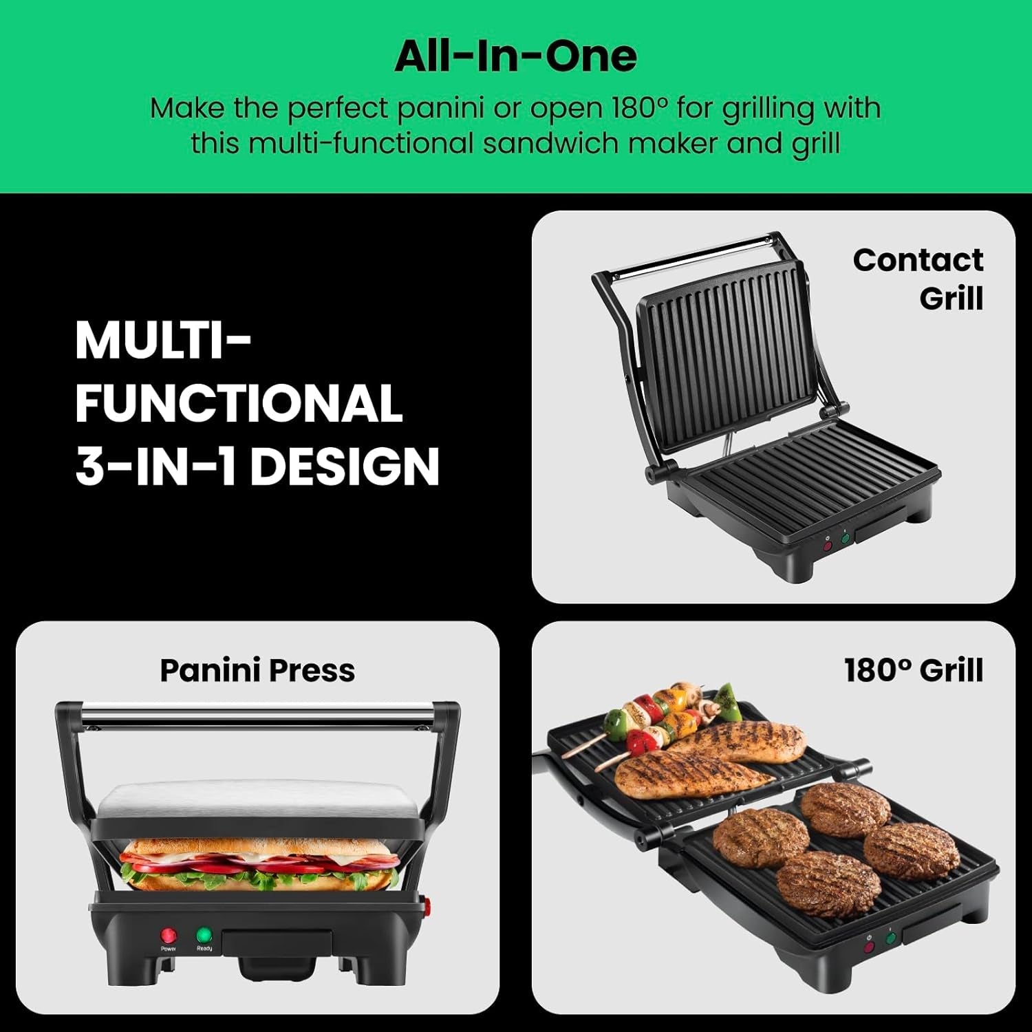 Chefman Panini Press Grill and Gourmet Sandwich Maker Non-Stick Coated Plates. Opens 180 Degrees to Fit Any Type or Size of Food. Stainless Steel Surface and Removable Drip Tray. 4 Slice. Black - Image 3
