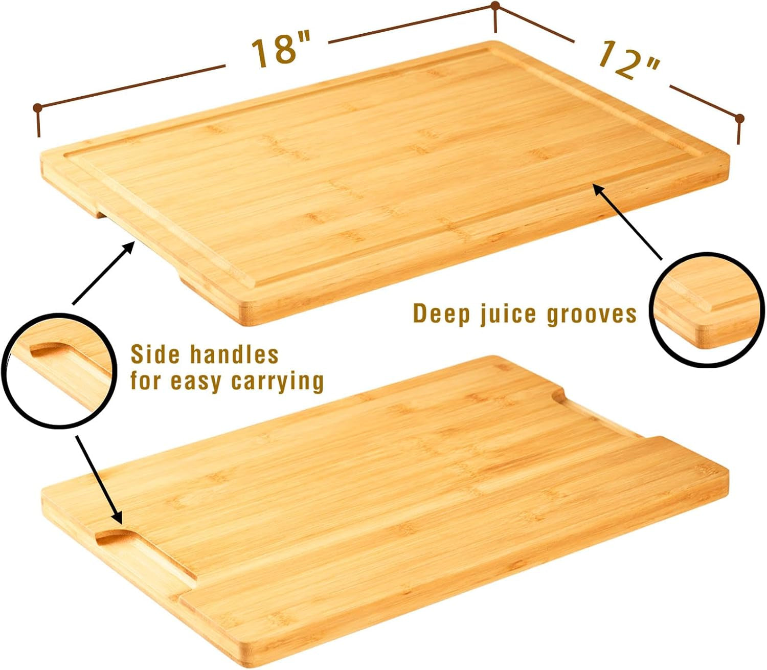 Bamboo Cutting Board for Kitchen. 18 Large Wood Charcuterie Cheese Board. Wooden Chopping Block with Side Handles and Juice Grooves - Image 4