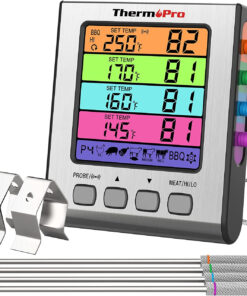 TP17H Digital Meat Thermometer with 4 Temperature Probes. HI/LOW Alarm Smoker Food Thermometer with Colored Backlit LCD. BBQ Thermometer for Cooking Grilling Kitchen Oven Barbecue Turkey
