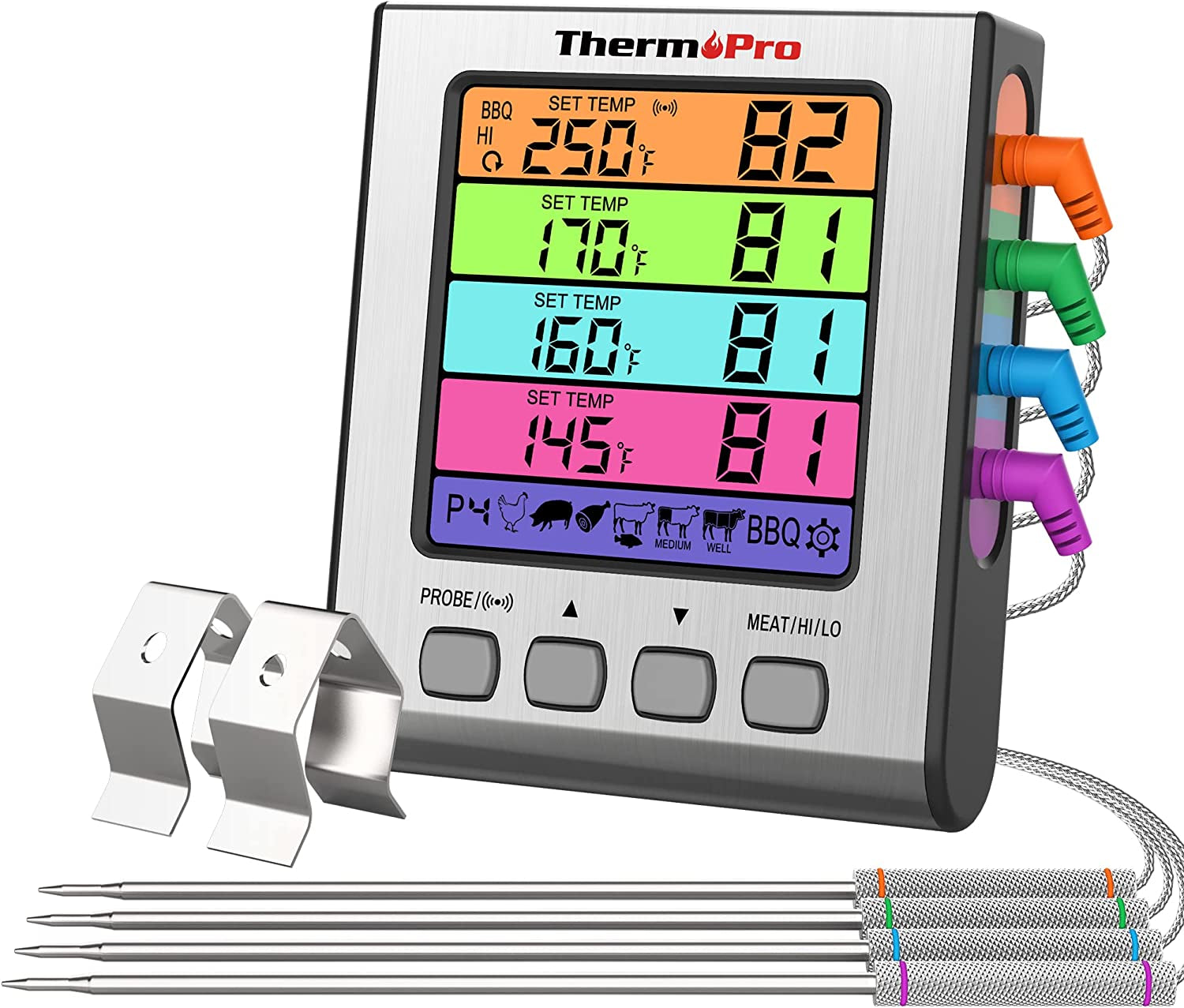 TP17H Digital Meat Thermometer with 4 Temperature Probes. HI/LOW Alarm Smoker Food Thermometer with Colored Backlit LCD. BBQ Thermometer for Cooking Grilling Kitchen Oven Barbecue Turkey