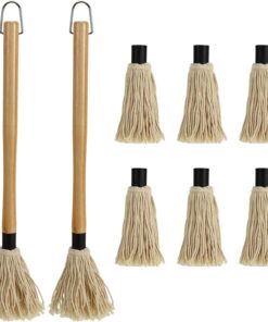 Hedume 2 Pack BBQ Basting Mop with 6 Extra Replacement Heads. Grill Basting Mop Wooden Long Handle Perfect for BBQ Grilling Smoking Steak (18.2 Inch)