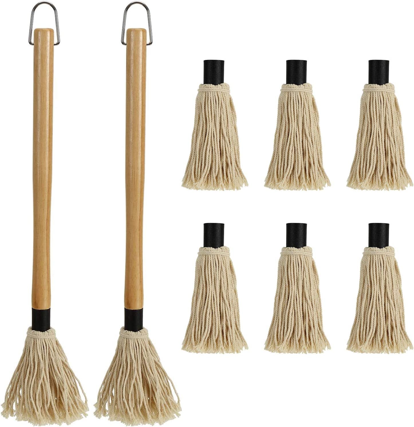 Hedume 2 Pack BBQ Basting Mop with 6 Extra Replacement Heads. Grill Basting Mop Wooden Long Handle Perfect for BBQ Grilling Smoking Steak (18.2 Inch)