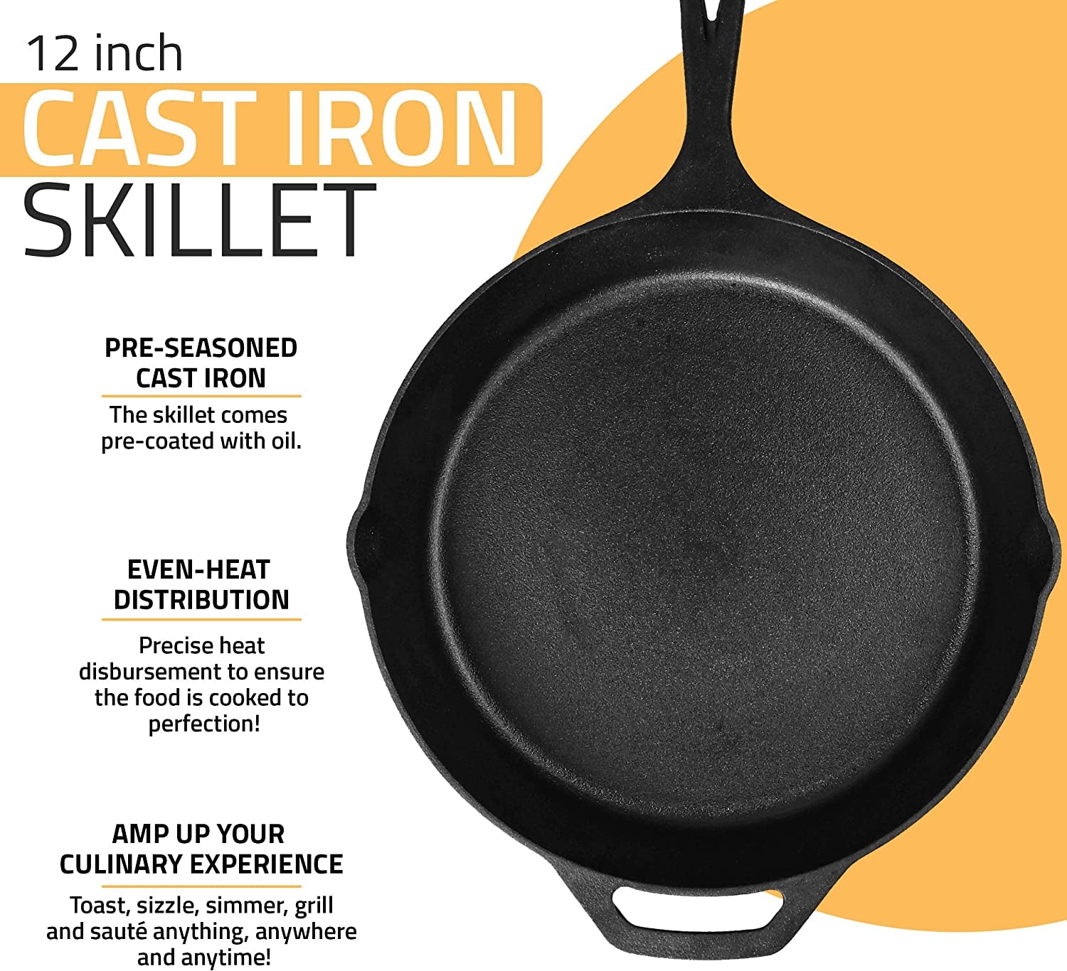 Utopia Kitchen Cast Iron Frying Pan 12 Inch. Cast Iron Chefs Pan. Pre Seasoned Skillet. Safe Grill Cookware for Indoor & Outdoor Use. Black - Image 5