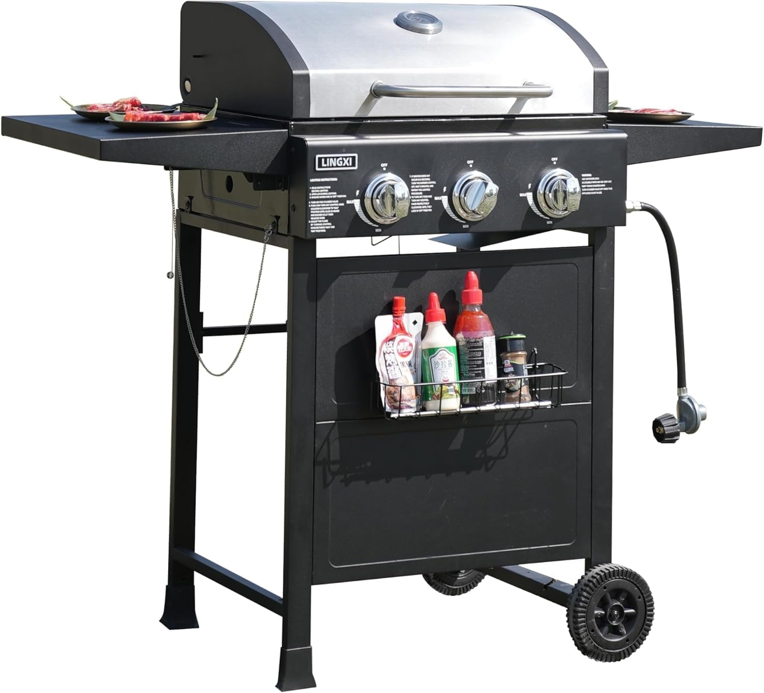 Grill Gas 3-Burner Propane Grill. Gas Grill with Front Hanging Basket. 30000 BTU Barbecue Grill. Grills Outdoor Cooking. Suitable for Backyard. Outdoor. Patio. Garden.Outside Grill.