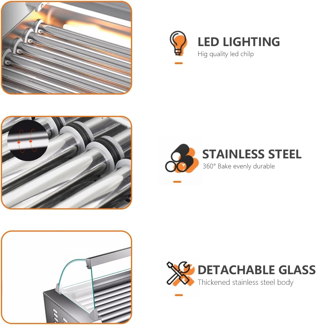 1670W Hot Dog Roller Machine/Sausage Grill with Dust Cover.Stainless Steel 11 Rollers 30 Hot Dog Roller Grill Cooker Machine with Dual Temp Control and LED Light/Detachable Drip Tray - Image 3