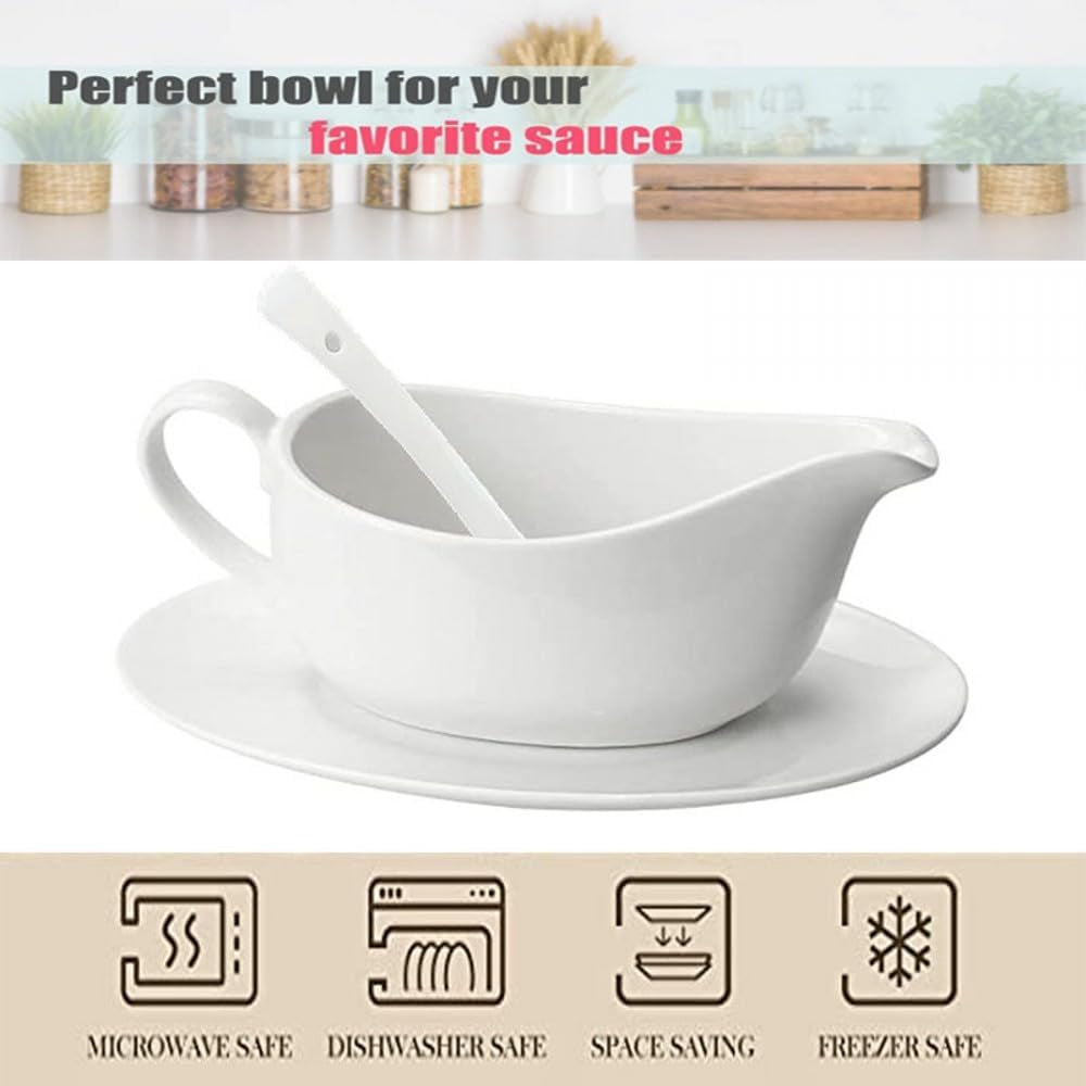 Qlans Ceramic Gravy Boat with Ladle & Saucer (17 oz) – Perfect for Dressings. Warm Sauces. Creamer & Broth. White - Image 7