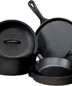 Lodge Seasoned Cast Iron 5 Piece Bundle. 10.5 Griddle. 8 Skillet. 10.25 Skillet. 10.25 Dutch Oven. and 10.25 Lid.Black