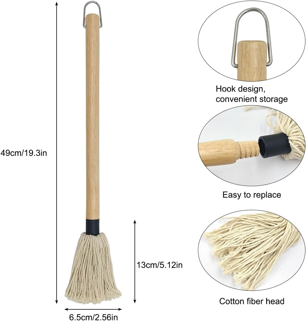 18 Inch BBQ Basting Mop Brush with 2 Extra Replacement Cotton Heads and Silicone Grill Brush. Wooden Long Handle Grill Basting Brush Mop for Roasting or Outdoor Grill BBQ Grilling Smoking Steak - Image 2