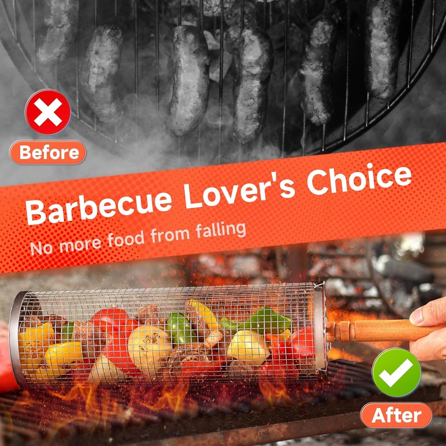 Rolling Grill Basket for Outdoor Grill 2 PCS. BBQ Grilling Gifts for Men Dad Husband. Stainless Steel Grill Mesh Barbeque Grill Accessories. Grilling Net with Wooden Handle & Stands. Outdoor Camping Tools for Chicken. Meat. Fish. Steak. Vegetables. Seafoo - Image 4