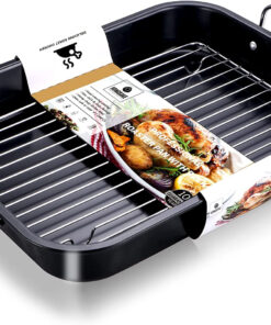 HONGBAKE Small Roasting Pan with Flat Rack. Nonstick Chicken Roaster Tray. Mini Oven Pans for Cooking Lasagna with Stainless Steel Handles. 16 X 11Inch