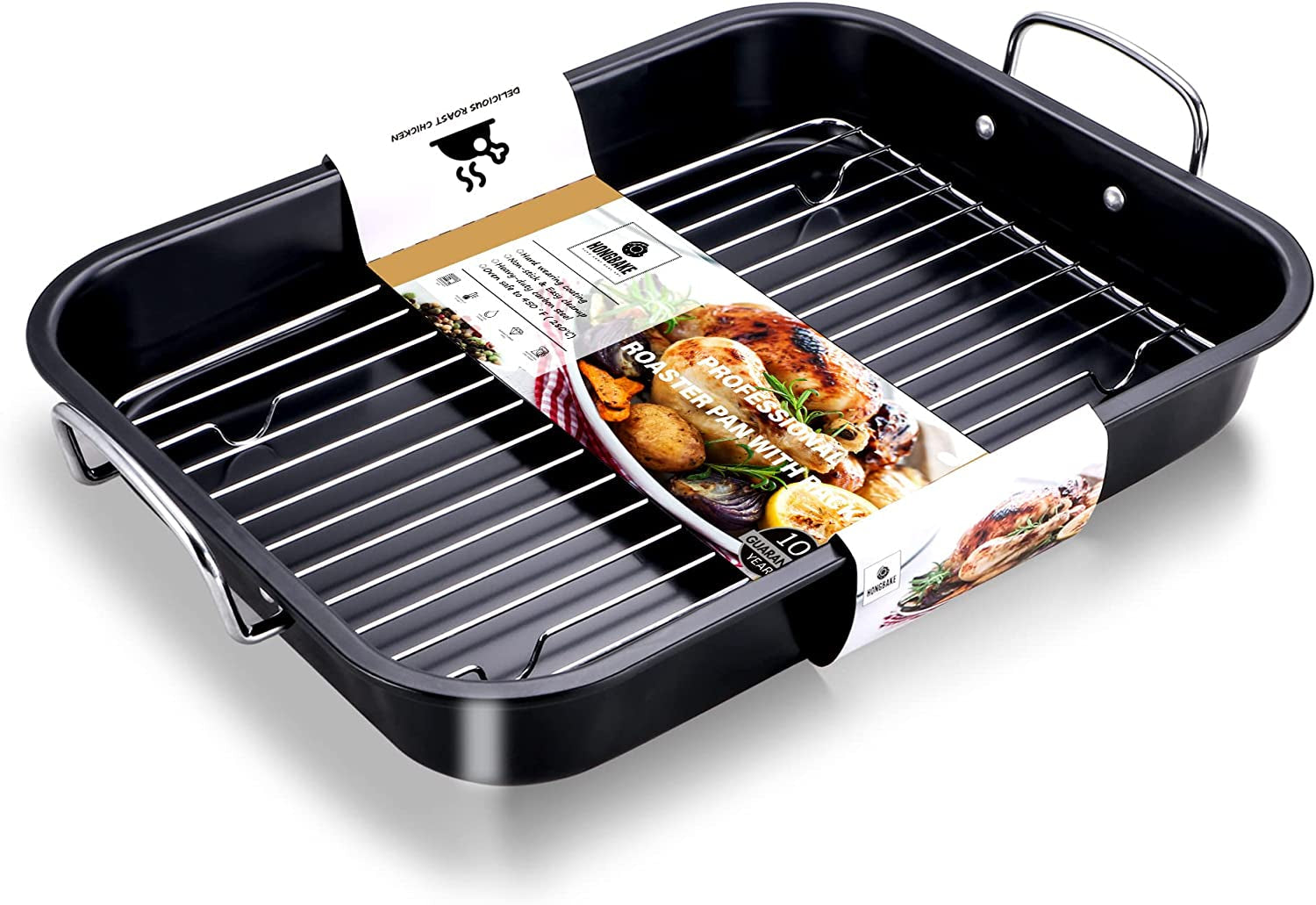 HONGBAKE Small Roasting Pan with Flat Rack. Nonstick Chicken Roaster Tray. Mini Oven Pans for Cooking Lasagna with Stainless Steel Handles. 16 X 11Inch