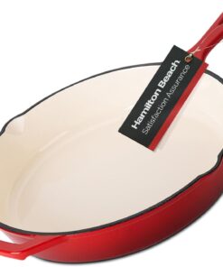 Hamilton Beach Enameled Cast Iron Fry Pan 12-Inch Red. Cream Enamel Coating. Skillet Pan for Stove Top and Oven