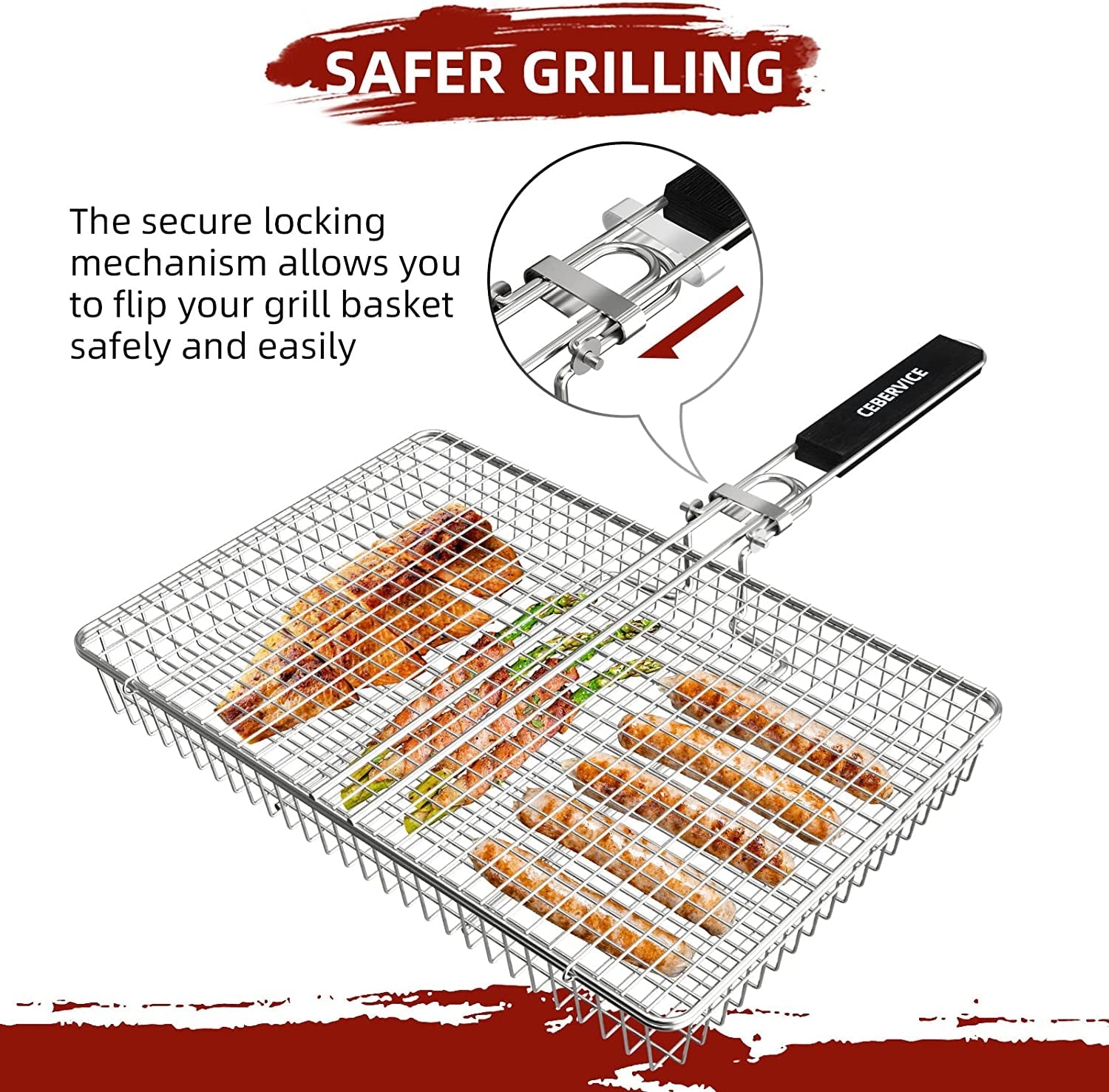 CEBERVICE Grill Basket Extra Large. SUS304 Food Safe Stainless Steel. Portable Folding BBQ Outdoor Camping Grilling Rack for Fish. Vegetables. Shrimp. Barbeque Griller Cooking Accessories. Grilling Gifts for Men. Dad. Father. Husband - Image 5