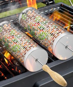 Nesting Grill Baskets (2 Pack). 304 Stainless Steel and Removable Wooden Handle. Rolling Grilling Net. BBQ Accessories Tools for Vegetables Shrimp. Outdoor Camping. Gifts for Men Dad Husband.Rectangle